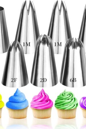 7Pcs 1M 2D 2F Large Piping Tips Set, Stainless Steel Cake Decoration Piping Tips, Piping Nozzles Baking Tools For Buttercream Icing Birthday Cake Cupcake DIY Art