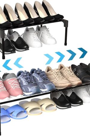 2 Pcs Expandable Shoe Rack 16 ''-30 '' Adjustable Shoe Shelf Metal 1 Tier Rack Black Stackable Organizer for Cabinet Entryway Closet Doorway Front Door Small Space Dorm Room Storage