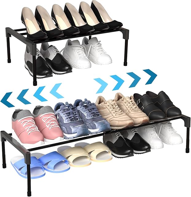 2 Pcs Expandable Shoe Rack 16 ''-30 '' Adjustable Shoe Shelf Metal 1 Tier Rack Black Stackable Organizer for Cabinet Entryway Closet Doorway Front Door Small Space Dorm Room Storage