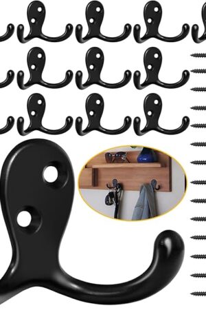 14 Pack Coat Hooks, Heavy Duty Double Prong Coat Hooks Wall Mounted with 28 Screws, No Rust Black Metal Wall Hooks for Hanging Towel, Coat, Bag, Hat, Cup, Key