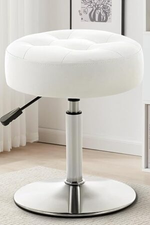 White Vanity Chair for Makeup Room Round Ottoman Tufted PU Leather Makeup Chair Vanity Stools for Bathroom Height Adjustable 360 Swivel