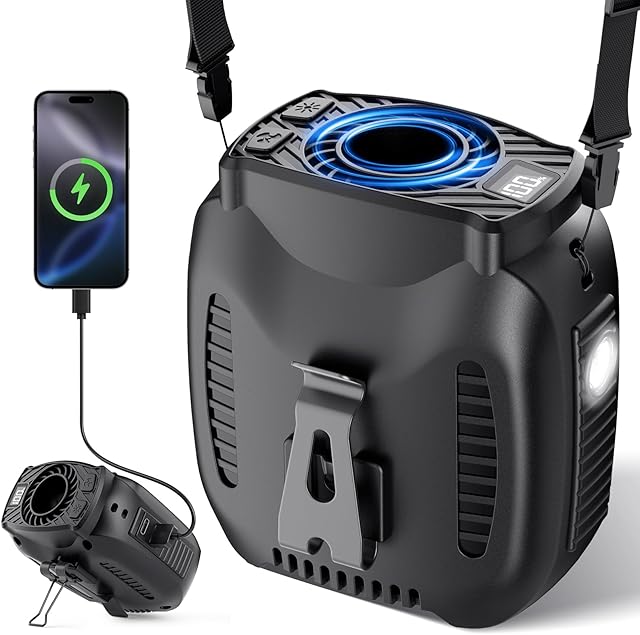 16000mAh Portable Waist Fan Rechargeable, 16000RPM 5-Speeds Strong Airflow, 48H Runtime with Flashlight, Personal Wearable Belt Fan for Camping, Outdoor, Jobsite, Black