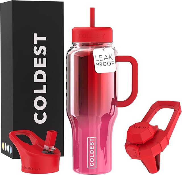 Coldest 40 oz Tumbler with Handle and Straw - 100% Spill Proof Tumbler with Straw (3 Lids) - Stainless Steel Insulated Leakproof Tumblers for Women & Men - 36 oz (Strawberry Nova)