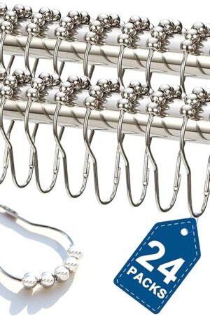 24PCS Stainless Steel Shower Curtain Hooks Rust Proof, Shower Curtain Rings Polished Nickel, Heavy Curtain Rod Rings for Bathroom, Durable Bathroom Decor Hooks Chrome Silver