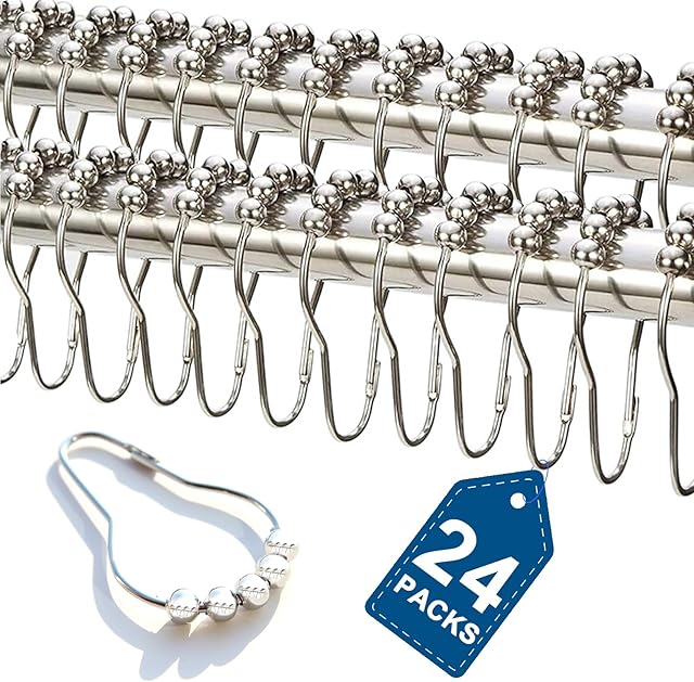 24PCS Stainless Steel Shower Curtain Hooks Rust Proof, Shower Curtain Rings Polished Nickel, Heavy Curtain Rod Rings for Bathroom, Durable Bathroom Decor Hooks Chrome Silver