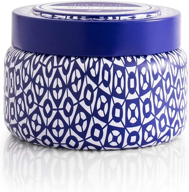Capri Blue Volcano Printed Travel Tin Jar Candle - Luxury Candle with a Long Lasting Soy Wax Blend - Scented with Tropical & Fruity Fragrance (Blue Color, 8.5 oz)