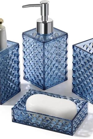 Bathroom Accessories Set, 4 Pack Blue Acrylic Bath Accessory Sets Complete, Diamond Soap Dispenser and Toothbrush Holder Bathroom Counter Sink Set, Boho Modern Bathroom Decor