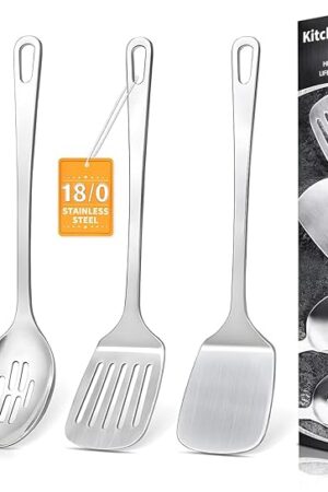 4 Pcs Cooking Utensils Set, Stainless Steel Kitchen Utensils, Heat Resistant Metal Kitchen Tools Include Solid & Slotted Turner Wok Spatula, Serving Spoon, Ergonomic Handle, Easy to Clean, Silver