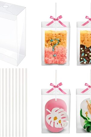35 Pack Rice Krispy Treats Boxes with Sticks Kit: Clear Plastic Container with Hole for Small Cakesicles, Marshmallow Square, Cake Pop, Crispy Treat Packaging Holder for Wedding Party Christmas