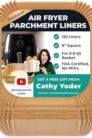 Cathy Yoder's AirFryer Paper Liners, 125 PCS 8-inch Square Air Fryer Liners Disposable, Premium, Food-Grade Easy Cleanup Air Fryer Parchment Paper Sheets, Airfryer Liner for 5-8QT, Baking & Roasting