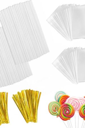 600Pcs Lollipop Stick - Cake Pop Sticks and Wrappers Kit Cake Pops Making Tools for Candy Chocolate Cookie Wrapping Include 200Pcs Cake Pop Sticks 200Pcs Cake Pop Bags and 200Pcs Twist Ties