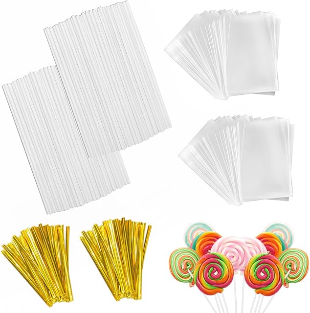 600Pcs Lollipop Stick - Cake Pop Sticks and Wrappers Kit Cake Pops Making Tools for Candy Chocolate Cookie Wrapping Include 200Pcs Cake Pop Sticks 200Pcs Cake Pop Bags and 200Pcs Twist Ties