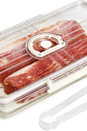 Bacon Storage Container with Air-sealed Tight Lid for Fridge Bacon Holder Deli Meat Cheese Keeper with Food Serving Tongs and Drain Plate for Refrigerator