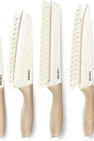 CAROTE 12PCS Knife set with Blade Guards,Granite Nonstick Ceramic Coating,Stainless Steel blade, Wood Grain Handle, Essential knife set,White
