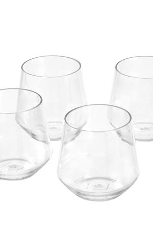 Amazon Basics Tritan Stemless Wine Glasses, Set of 4, 14-oz, Clear | Shatterproof | BPA-Free Plastic | Dishwasher Safe