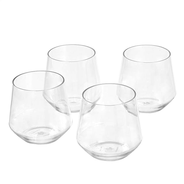 Amazon Basics Tritan Stemless Wine Glasses, Set of 4, 14-oz, Clear | Shatterproof | BPA-Free Plastic | Dishwasher Safe