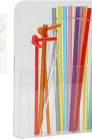 Acrylic Straw Holder for Cabinet, Large Capacity Thickened 9.4"x7.8" Adhesive Cabinet Door Organizer,Drinking Straws Dispenser,Organizer for Cupboard Reusable for Kitchen