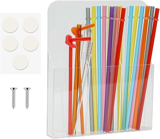Acrylic Straw Holder for Cabinet, Large Capacity Thickened 9.4"x7.8" Adhesive Cabinet Door Organizer,Drinking Straws Dispenser,Organizer for Cupboard Reusable for Kitchen