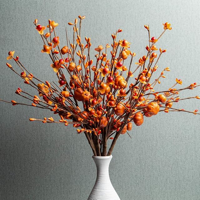 6 Pack Fall Berry Stems 17" Tall Orange Pumpkin Picks Fall Branches for Vases Centerpieces Autumn Harvest Festival and Thanksgiving Day(Orange)