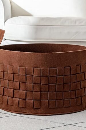boldmonkey Laundry Basket 20 " x20 x11.8 , Large Felt Fabric Blanket Basket with Leather Handle, Dirt Clothes Laundry Hamper Round for Babies, Dogs and Living Room-Brown