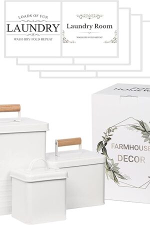 3-Set Laundry Room Organization and Storage | Modern Farmhouse Laundry Room Decor | Laundry Container for Organizing Laundry Pods, Laundry Powder, Dryer Sheets, Dryer Balls, Cream White