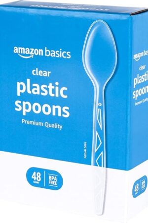 Amazon Basics Disposable Clear Plastic Spoons, Premium Quality, 48 Count