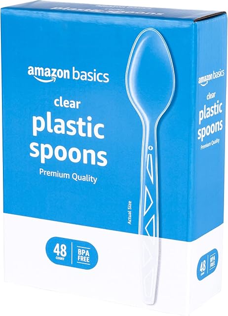Amazon Basics Disposable Clear Plastic Spoons, Premium Quality, 48 Count