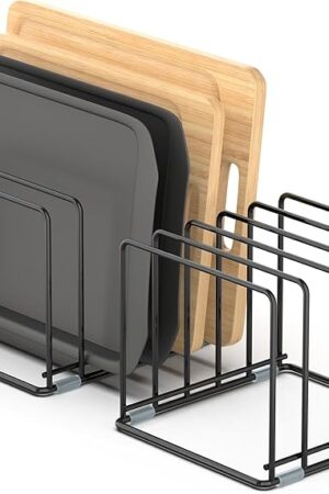Cutting Board Organizer, [2-Pack] Kitchen Cabinet Organizer, Divided Rack with 5 Slots for Baking Trays, Cutting Boards - Cookie sheet Organizer Inside Cabinet, Baking Sheets Holder (Large)