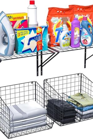 4 Pack Wall Mounted Laundry Room Shelves Wire Shelf with Wire Baskets