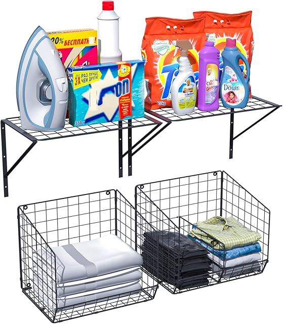 4 Pack Wall Mounted Laundry Room Shelves Wire Shelf with Wire Baskets