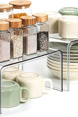 Clear Cabinet Organizer, Shelf Organizer Set of 2 for Kitchen Pantry Organizers and Storage, Display Cabinet Shelf Room Decor Countertop Desk Shelves, Patented Spice Organization for Cabinet