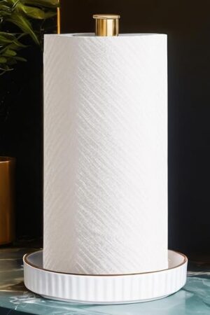 VROOMIUM Gold Paper Towel Holder Countertop, Ceramic Base Easy-to-Clean, 1.4 lbs, 7" B x 12.5" H, Stable Elegant and Durable Kitchen Roll Stand