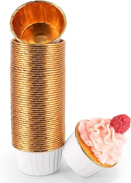 White and Gold Foil Cupcake Liners,100 pcs Disposable Muffin Liners 3.5 Oz Wrappers for Baking, Metallic Muffin Paper Cases Baking Cups