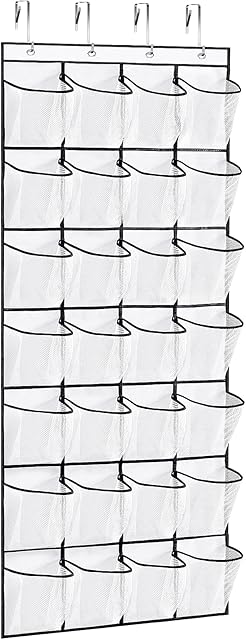 28Large Pockets Over The Door Shoe Organizer, Hanging Shoe Organizer for Closet, Premium Clear Shoe Rack for Door, Shoes Hanger Organizers Storage Holder for Back of Door and 4Metal Hook White