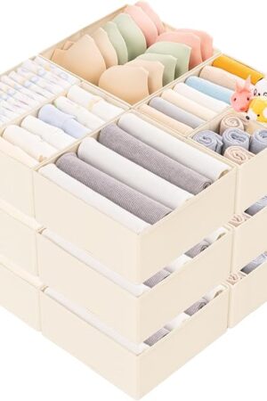 Criusia 15 Pack Drawer Organizer for Clothes, Foldable Dresser Dividers with 3 Sizes, Fabric Storage Bins – Beige