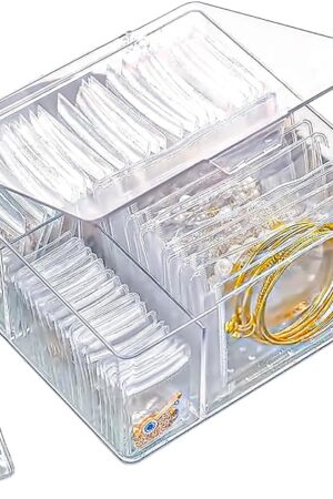 4 In 1 Acrylic Jewelry Organizers and Storage with 60 Portable Anti Tarnish Jewelry Bags, Clear Jewelry Box Organizer, Travel Jewelry Case for Earrings/Rings/Necklaces for Women Girls