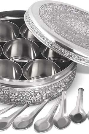 Designer Spice Container Masala Dabba, 7 Spice Jars, Holds 7 Spices, Spice Container Box, Polished Stainless Steel with 7 Serving Spoons, Indian Masala Dabba with Lid, 8 Inch