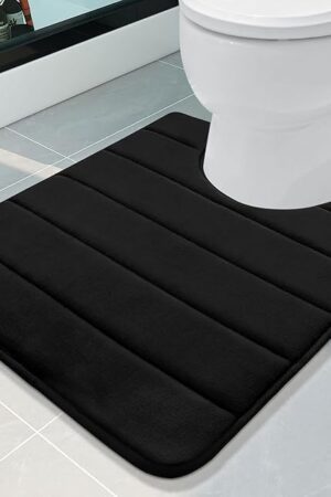 Buganda Memory Foam U-Shaped Contour Toilet Rugs, Non Slip Absorbent, Thick Soft Washable Bathroom Mat, Floor Carpet Bath Rugs Mat for Toilet Base (24" x 20", Black)
