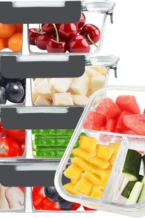 BAYZZ 5 Pack 35 Oz Glass Meal Prep Containers 3 Compartments, Glass Food Storage Containers, Lunch Bento Box with Airtight Lids, Microwave, Freezer & Dishwasher Safe
