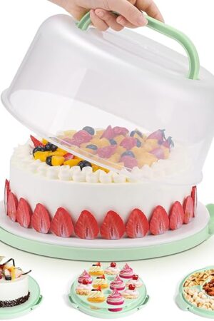 Cake Carrier with Lid and Handle, Cake Stand Cupcake Containers for 10 inch Cake with 2 Handles Cupcake Holder, 3 in 1 Transport Storage Container for Cake Pie Muffin Pizza，Green Round Cake Carriers
