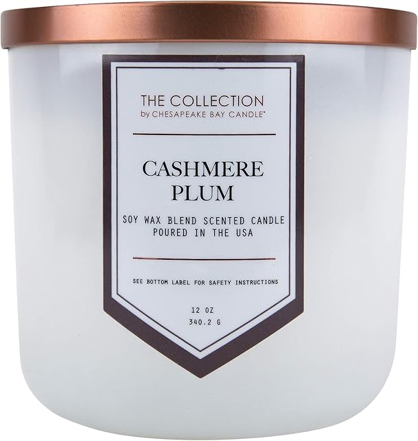 Chesapeake Bay Candle, The Collection, 2-Wick Soy Candle, Cashmere Plum, 12oz, White with Copper Lid