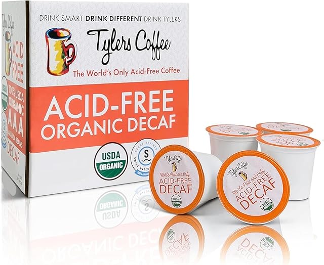 Tyler's Coffee Acid-Free Regular Medium Roast Arabica K-cups Pods - Natural, Organic Blend for Common GI Issues and Gentle on Digestion K Cup, Decaffeinated Kcup, 16 Count Kpods