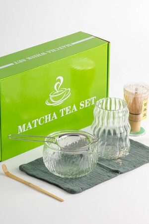 7Pcs Japanese Matcha Tea Set, Matcha Kit with Matcha Bowl (with Pouring Spout), Matcha Whisk, Whisk Holder, Strainer - Elegant Matcha Set for Gifting, Gift Box Packaging glass