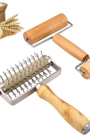 2Pcs Pizza Dough Roller & Dough Docker, Wood Rolling Pin Stainless Steel Dough Hole Puncher for Pizza, Pie, Pastry, Bread, Pasta, Cookie, Crust