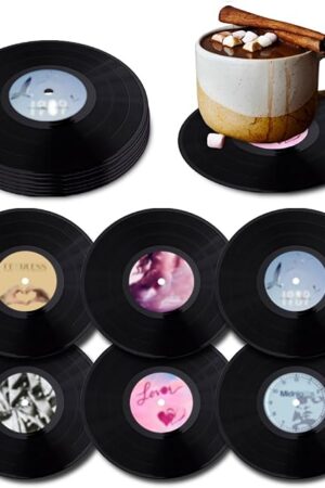 6PCS Retro Vinyl Record Coasters of 6 for Drinks, Funny Vinyl Costers for Cups, Drink Coasters Set of 6 for Music Gifts, Music Decor