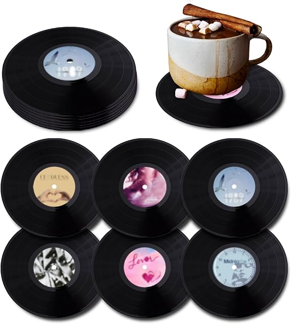 6PCS Retro Vinyl Record Coasters of 6 for Drinks, Funny Vinyl Costers for Cups, Drink Coasters Set of 6 for Music Gifts, Music Decor