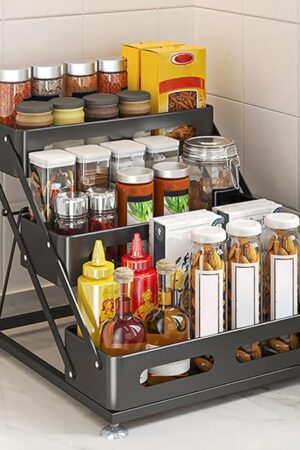 3 Tier Foldable Spice Rack for Countertop Iron Kitchen Seasoning Organizer for Cabinet, Black