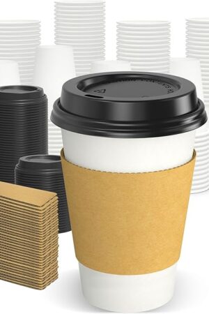 100 Pack 12 oz Disposable Coffee Cups with Lids and Sleeves, Sturdy Thick Paper & Leak-free Insulated to Go Paper Hot Coffee Cups with Sip Lids for Hot & Cold Beverage