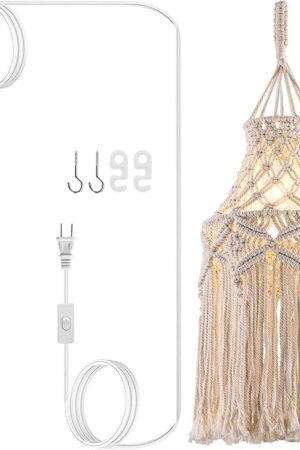Boho Plug in Pendant Light Macrame Lamp Shade, Hanging Lamp with Plug in Cord,On/Off Switch,Bohemian Hanging Light Fixtures That Plug Into Wall Outlet for Bedroom Decor Living Room