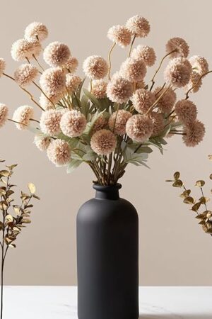 Beige Fake Flowers Silk 10 Stems With Eucalyptus, Faux Flowers For Vase, Artificial Mums Long Stem, Mini Faux Mums Flower Bulk, Tan Nude Cream Neutral Floral, Chrysanthemum Pom Pom Floral Arrangements